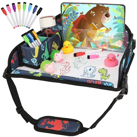 Kids Travel Tray for Airplane - Toddler Car Seat Table Tray, Road Trip Essentials for Boys & Girls, Carseat Lap Desk for Kids Road Trip Activities, Dinosaur