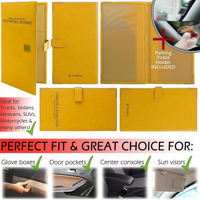 Auto Insurance and Registration Card Holder - Vehicle Glove Box Document Organizer - Car Essential Paperwork Holder for DMV, AAA, Contact Information Cards - Premium PU Leather Wallet Case - Yellow