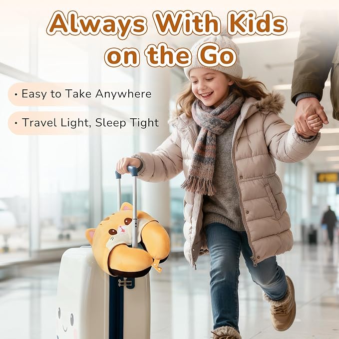 Certified to ASTM & CPSIA Standards–Kids Travel Neck Pillow with Hood,Memory Foam Airplane Pillow,Double-Sided, Cute Design, Cooling Ice Silk & Soft Plush, Adjustable, Portable & Washable for Flights