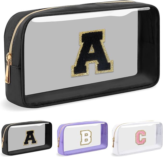 Personalized Initial Letter Clear Makeup Bag,Preppy Small Nylon&PVC Cosmetic Zipper Bag with Chenille Letter,Travel Skincare Toiletry Bag,Monogram Christmas Gift for Teen Girls Women,A
