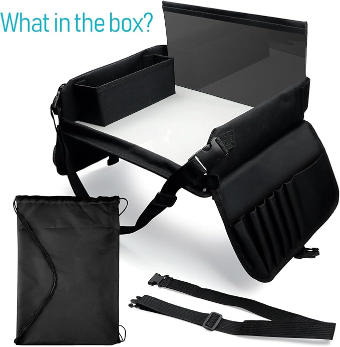 Julaiwy Kids Travel Tray for Car Seat, Carseat Table Tray for Kids Road Trip Activities, Car Trays for Kid Roadtrip Essentials, Toddler Lap Desk Organizer for Airplane - Black