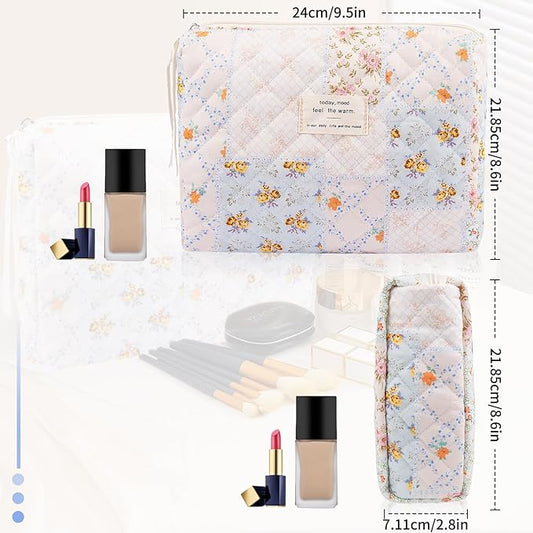 Floral Makeup Bag, Small Cosmetic Bag for Women Girls, Cute Cotton Makeup Bag, Quilted Makeup Bags, Flower Travel Toiletry Organizer Bag(Folk Style)
