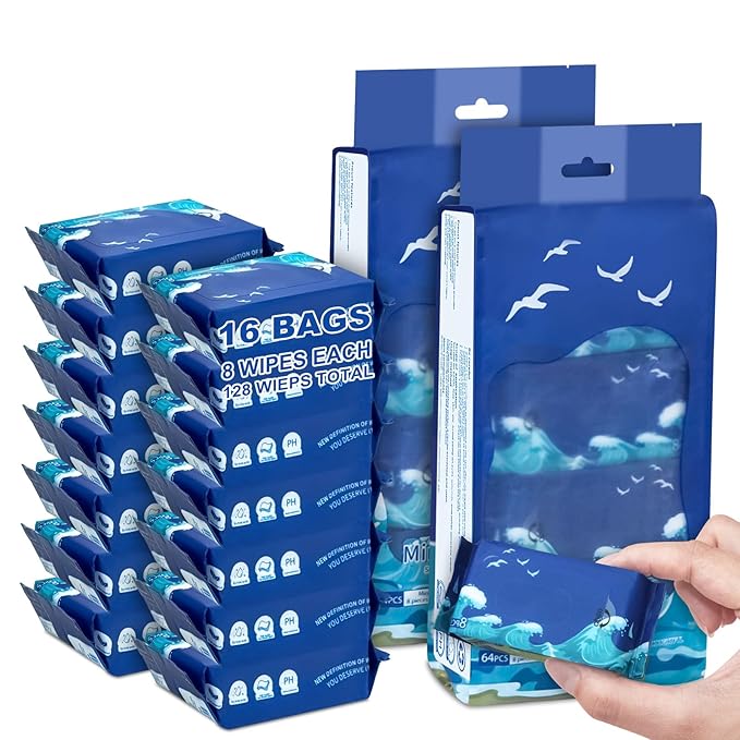 128 PCS Mini Wipes Wet Travel Size,Hand Wipes Travel Size for Adults, Kids & Babies,Unscented, Alcohol Free, Paraben Free for Wedding Travel Homeless Restaurant Barbecue 8 Count (Pack of 16)
