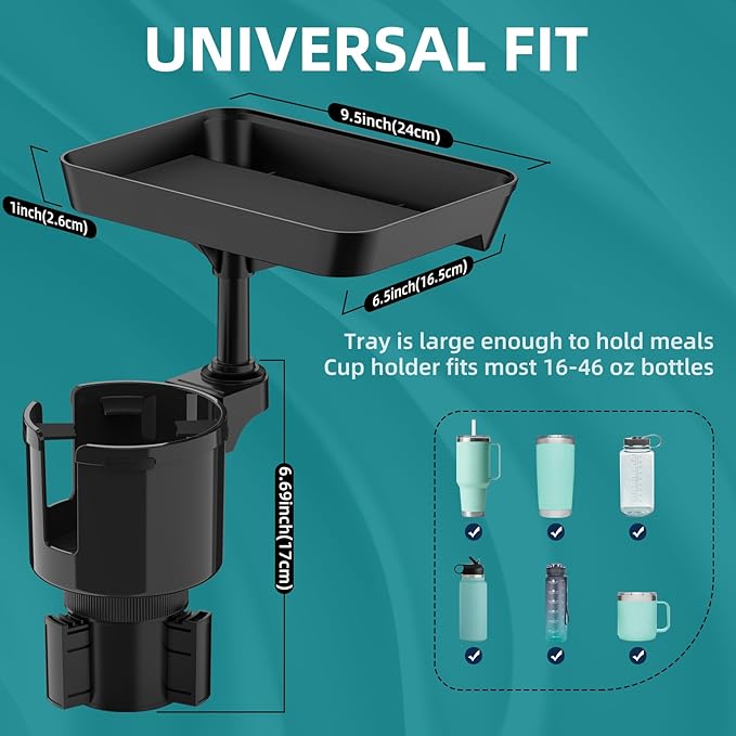 Car Cup Holder Tray, Cup Holder Expander Adapter for Car, 9.5” Car Food Tray Table for Eating, Car Essentials Fits Yeti, Hydro Flask 16-46 oz