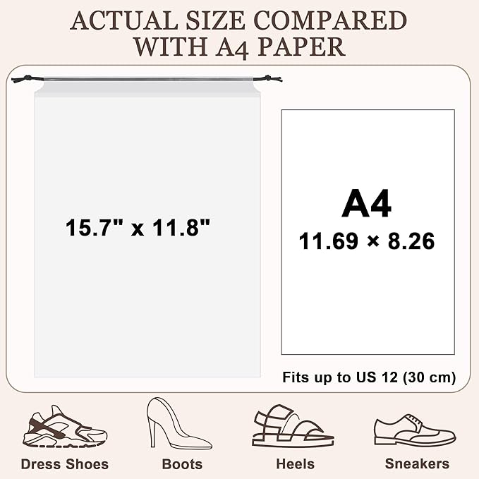18 Pack Clear Shoe Bags for Travel, 15.7"×11.8" PEVA Drawstring, Water-Resistant, Fits up to Men’s 12–13, Reusable Storage for Shoes, Clothes & Toiletries, Keep Luggage Tidy & Odor-Free