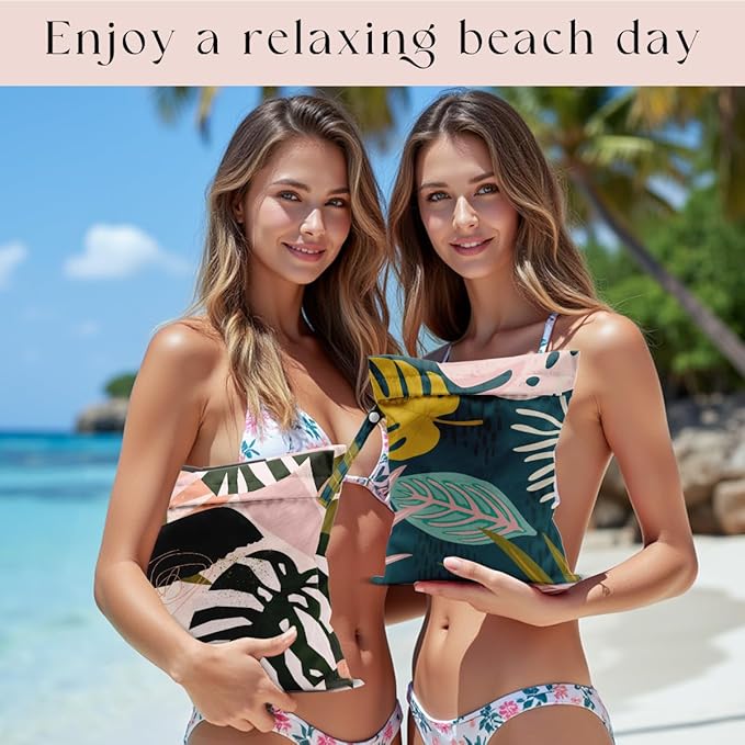 2 Pcs Wet Bag, Waterproof Wet Dry Bag, Small Laundry Bag, for Swimsuit, Pool, Travel, Beach, Diapers, Dirty Yoga Gym Clothes, Makeup Bags for Travel, Tropical Palm Leaves Decor Jungle