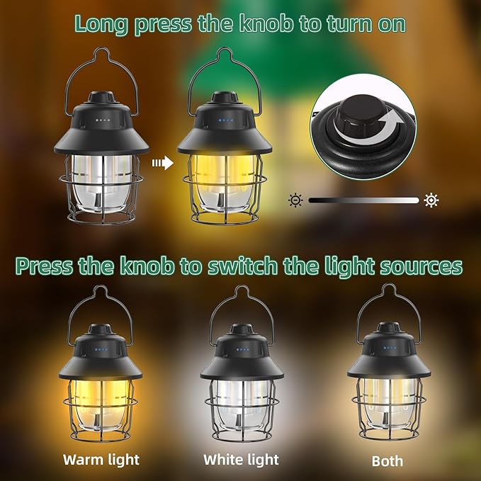 JINIU Rechargeable LED Camping Lantern, Mini Retro Portable Waterproof Lantern, 1000LM, 3 Light Modes (2700-6500K) Stepless Dimming Brightness, Hanging Tent Light for Camping, Power Outages