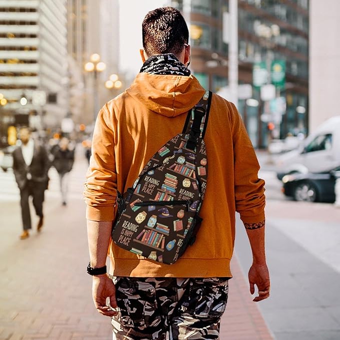 SWEET TANG Fashion Sling Backpack for Men Women, Lightweight Sling Shoulder Bag, Outdoor Chest Crossbody Bike Gym Runner Daypack with Adjustable Strap, Reading Book Is My Happy Place