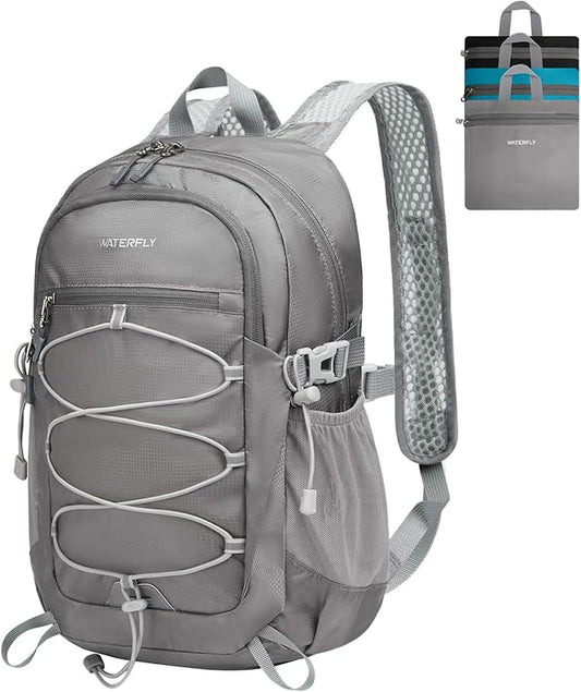 WATERFLY Small Lightweight Packable Backpack: 15L Mini Ultra Light Foldable Travel Daypack with Breathable Shoulder Strap Outdoor Hiking Camping Day Pack for Women Men Gray