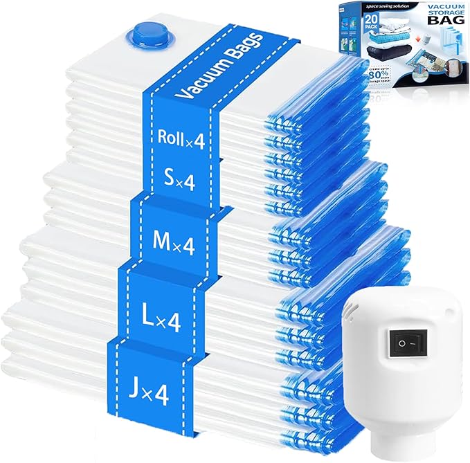 20 Pack Vacuum Storage Bags with Electric Pump, 4Jumbo/ 4Large/ 4Medium/ 4Small/ 4Roll Compression Space Saver Vacuum Seal Bags for Clothing Travel Luggage Comforters Blankets Pillows Bedding, Blue