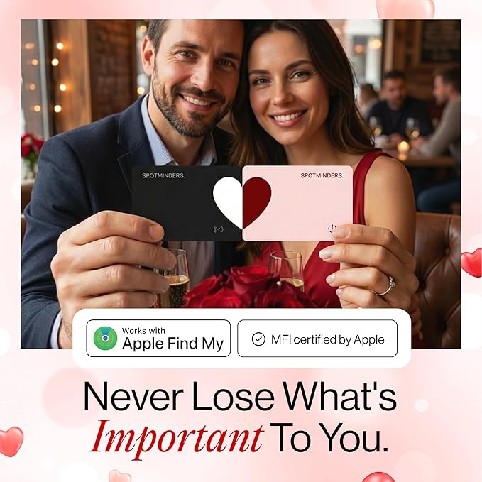 Wallet Tracker Card - Apple MFI Certified & Works with Apple Find My Tracking Card for Wallet Tag Rechargeable IP68 Waterproof 0.07in Slim Item Finder (Valentines Edition (Pack of 2))
