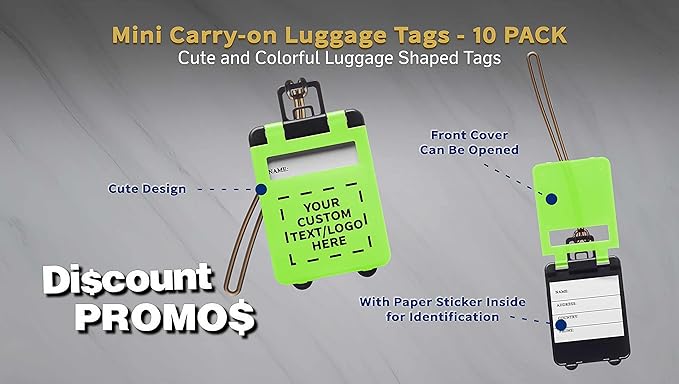 10 Mini Carry-on Luggage Tags Pack - Customizable Text, Logo - Flip Open Cover, ID Sticker - Lime Green