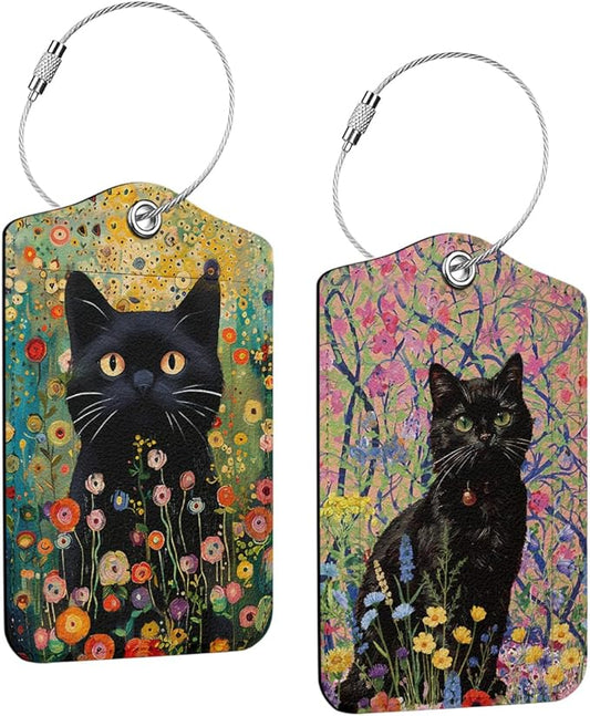 2 PCs Floral Cat Stuff Luggage Tag, Suitcase Tags with Privacy Flap and Metal Loop, Luggage Tags for Suitcases, Identifiers Travel Essentials Bag Tag, Cat Lovers Gifts for Women Girls Friends Bestie