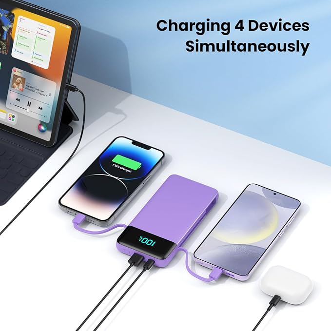 Portable Charger for iPhone,13800mAh Slim Power Bank with Built-in Cables & AC Wall Plug,All in One 4 Outputs USB C Fast Charging Battery Pack Travel Essential for iPhone 17/16/15/14,Android (Purple)