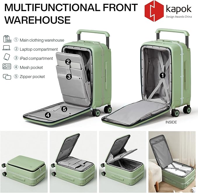 mixi Carry On Luggage Wide Handle Luxury Design Rolling Travel Suitcase PC Hardside with Aluminum Frame Hollow Spinner Wheels, with Cover, 20 inch, Avocado Green