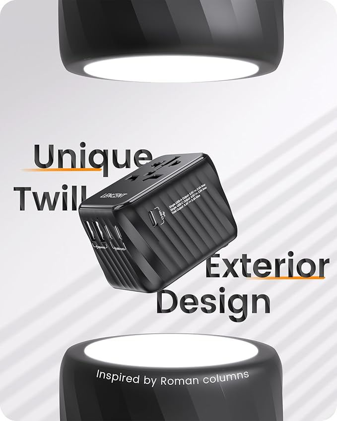 LENCENT Universal Travel Power Adapter, International AC Plug Adaptor with 5.6A 3 USB C 2 USB A Ports Wall Charger Worldwide Travel Essentials for US to EU UK Ireland Australia (Type C/G/A/I) Black