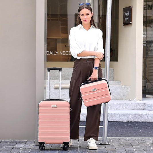 AnyZip Carry On Luggage 2PCS Luggage Set PC ABS Hardshell Lightweight Suitcase TSA Lock with 4 Spinner Wheels（14/20, Pink）