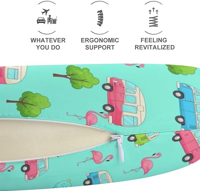 Travel Neck Pillow Memory Foam U Shaped Cushion Happy Camping Flamingo Mint Green, Washable Cover for Airplane Car Office Home Sleeping Pain Relief