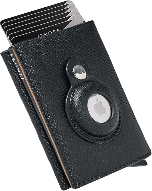 Jenoss Smart AirTag Wallet for Men: Full Grain Leather, Handcrafted, Black Pop Up Case, Slim, RFID Blocking Credit Card Holder Compact, 12 Slot Organizers ID Cash Apple Air Tag Tracker (Black & Brown)