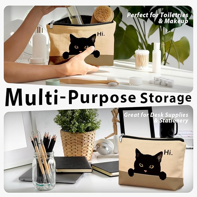 Black Cat Makeup Bag, Hi Cute Black Kitty Cosmetic Bags for Women, Cat Mom Lady Lover Gifts for Women, Pet Lovers Owners Gifts Zipper Makeup Pouch