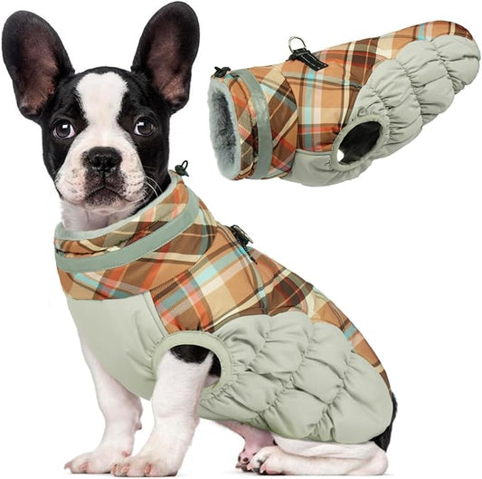 Lelepet Warm Dog Winter Coat Dog Coats for Small Dogs Waterproof Dogs Jacket with Harness Built in Reflective Cold Weather Coats Windproof Zip-Up Winter Fleece Vest Snowsuit Yorkie Brown Plaid S