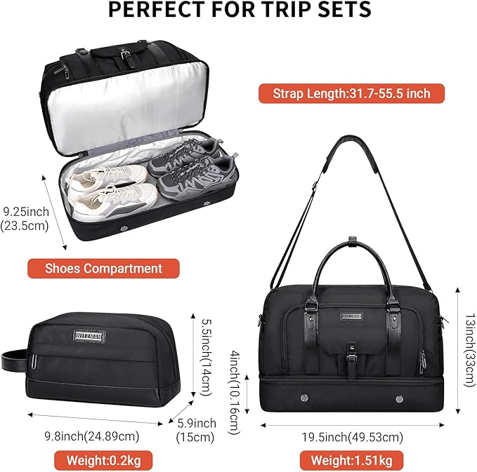 WITZMAN Weekender Bags for Men Women Carry On Duffle Overnight Bag with Toiletry Bag Sets Travel Duffel Bag Shoes Compartment （B694 Black）