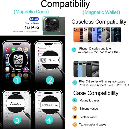 Ntwinro Magnetic for iPhone 15 Pro Clear Case (Compatible with MagSafe) with Black Detachable Wallet & Card Holder for 3 Cards [RFID Blocking] Military Grade Protective Slim Phone Cover