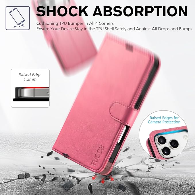 TUCCH Wallet Case for iPhone 17 Pro (6.3") 2025, 4 Card Slots | RFID Blocking | Stand | Shockproof TPU Shell | PU Leather | Magnetic Closure | Protective Flip Folio Cover | Hot Pink
