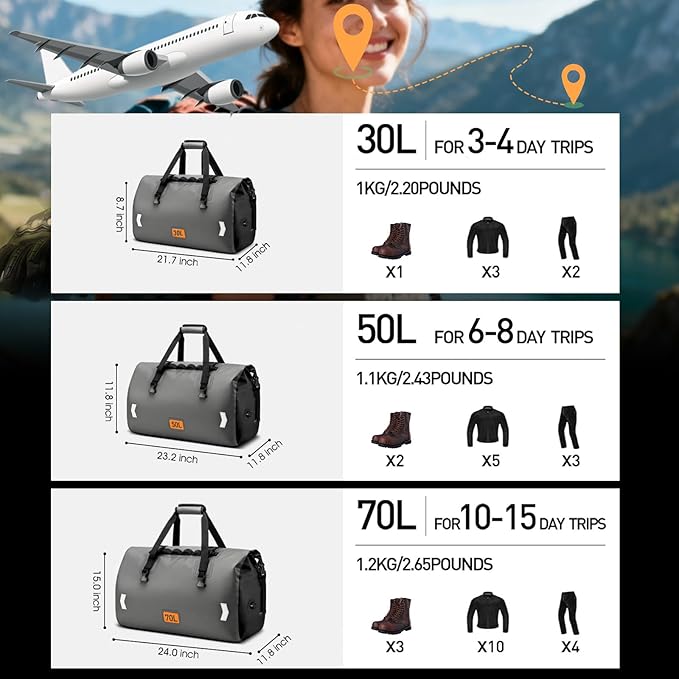 Waterproof Dry Bag, 30L Roll-top Motorcycle Tail Bag with Air Valve & Quick-fixed Straps, Travel Duffle Bags for Kayaking Paddle Boarding Rafting Boating Camping Riding Fishing - Grey