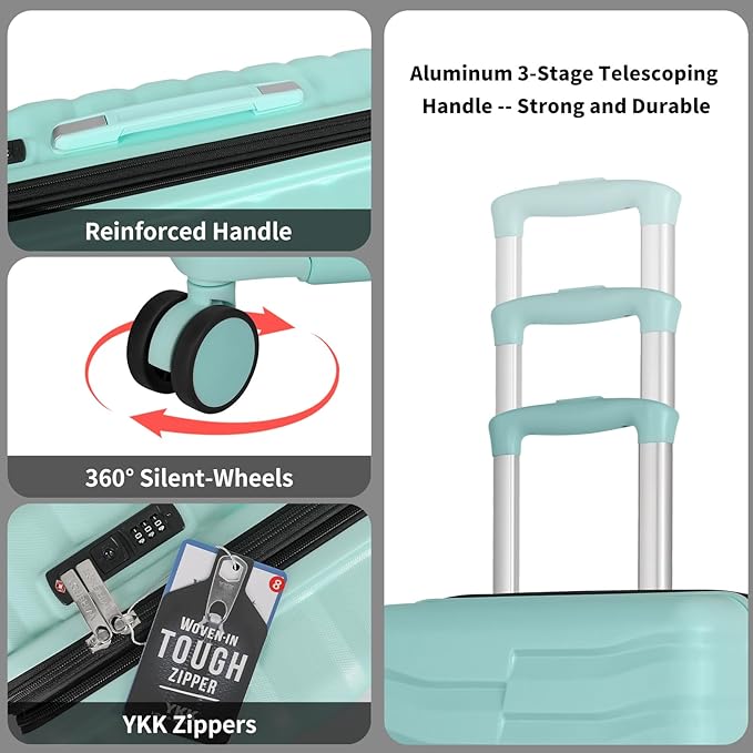 Lightweight Luggage with Spinner Wheels & YKK Zipper, 3-Piece Suitcase ABS+PC Hardside Hard Shell Luggage Set with TSA Lock, Light Mint Green (20+24+28 inch)