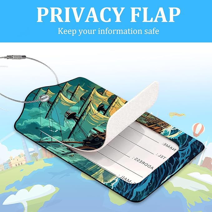 2 Pack Luggage Tag for Suitcase,Pirate Ship Luggage Tag with PU Leather Privacy Cover ID Label & Stainless Steel Loop for Women Men Travel Bag Suitcase