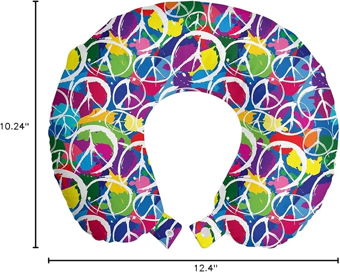 Ambesonne Retro Travel Pillow Neck Rest, Universal Peace Sign on Colorful Pop Art Style Background Pacifist Activism, Memory Foam Traveling Accessory for Airplane and Car, 12", Purple Blue