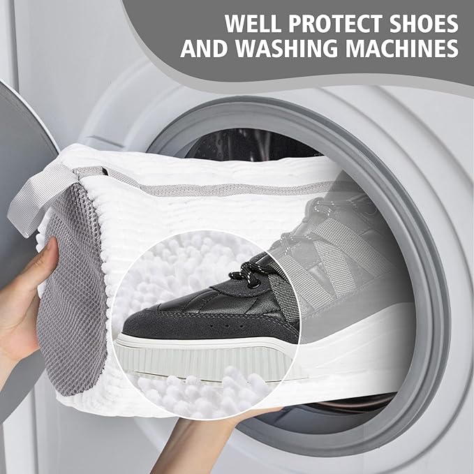 HEAVYWOOD Shoes Bag for Washing Machine Reusable Shoe Cleaning Washing Machine Bag Sturdy Anti-Rust Zipper 15.7’’*7.8’’ Shoe Laundry Bag for Washer and Dryer for Sneakers, Trainers (White, 2Packs)