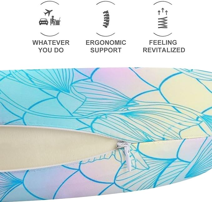 Travel Neck Pillow Memory Foam U Shaped Cushion Colourful Fish Scale Magic Mermaid Tail, Washable Cover for Airplane Car Office Home Sleeping Pain Relief