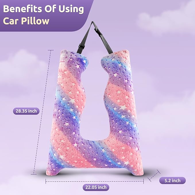 Car Pillow for Kids, Travel Pillow with Adjustable Strap, U-Shaped Pillow for Adults and Children to Support Head and Body Road Trip Essentials (Multicolor)