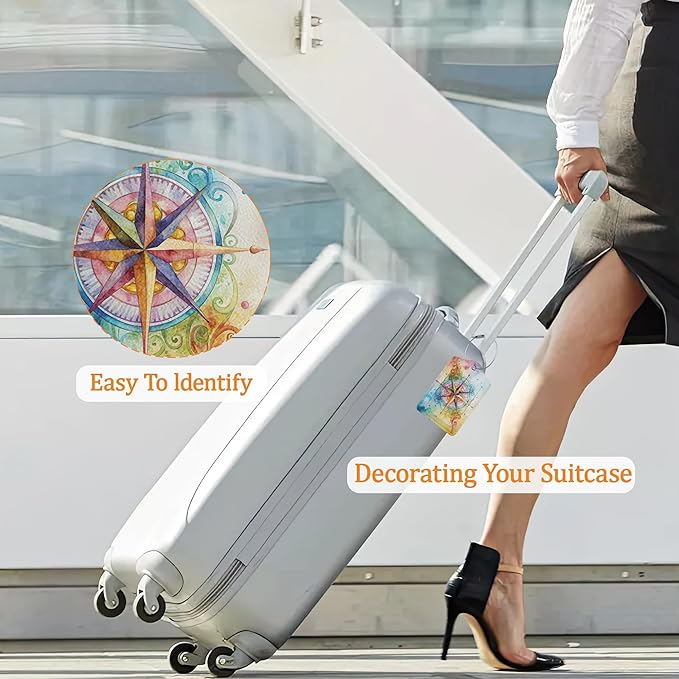 Colorful Compass 3 Pack Luggage Tag for Suitcase, Leather Bag Tags with Privacy Cover ID Label and Durable Steel Loop for Cruise Airport Travel