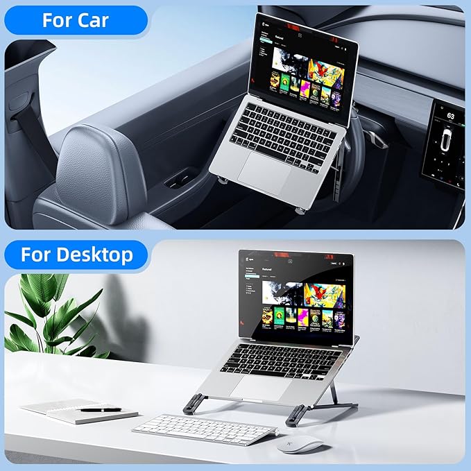 Fumcsy Angle Adjustable Car Steering Wheel Laptop Holder,Foldable Laptop Stand for car,Metal Car Laptop Riser | Car Reading Stand | Car Tablet Holder, Multipurpose Travel Car Accessories (Gray)
