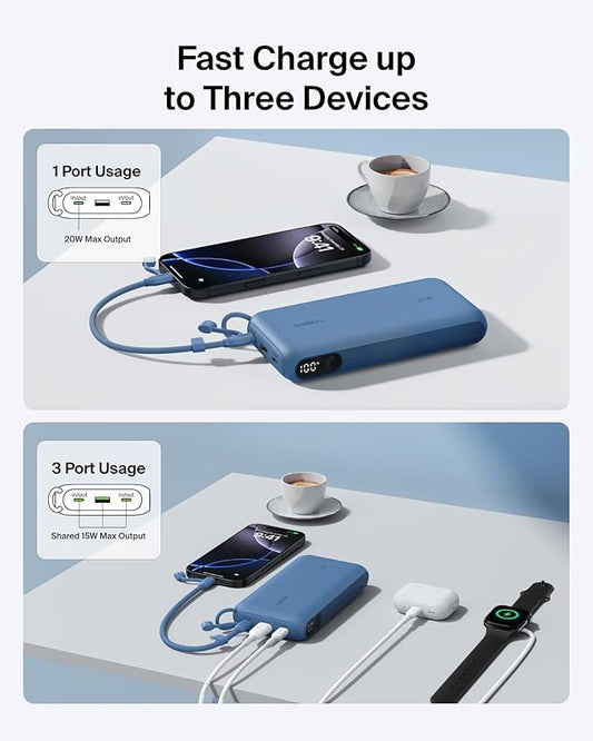 Belkin Portable Charger, USB-C Power Bank 20,000mAh w/ 2X USB-C Ports & 1x A Port, Digital Battery Display, 20W Charging - iPhone 17, Air, Pro, Samsung Galaxy S25, Pixel 10, iPad, & More - Blue