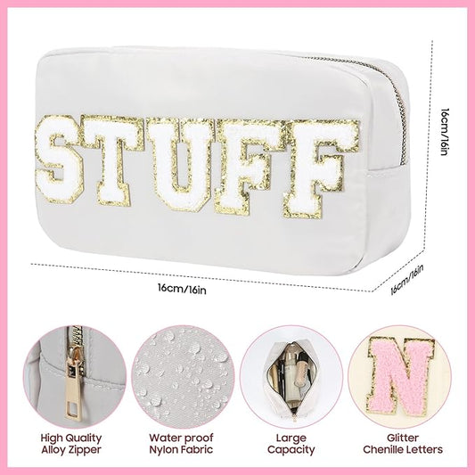 4 Pcs Nylon Cosmetic Bags Travel Organizer Chenille Letter Makeup Pouch Zipper Preppy Waterproof Hair Bag Toiletry Pouch for Women Girls Pinks
