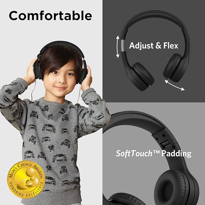 LilGadgets Connect+ Foldable Headphones, Adjustable Fit Soft Touch Padding for Kids with Mic, Volume-Limited & Noise Reduction On-Ear Wired Headset for School with SharePort - Black, Ages 3-14