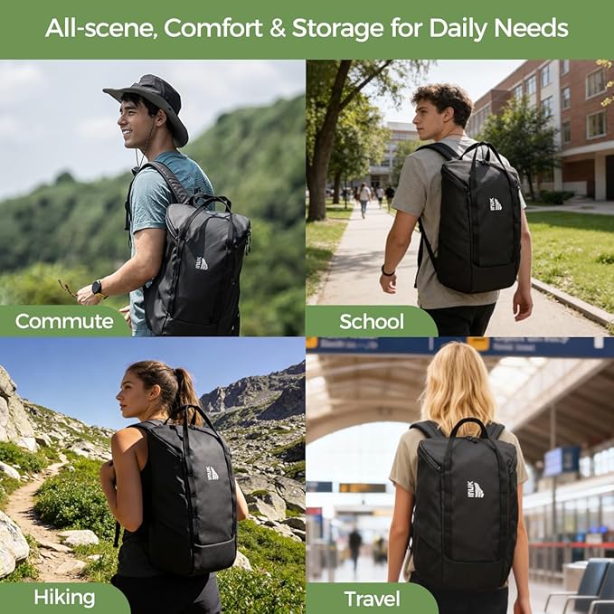 INUK Laptop Backpack for College Students & Work, 25L Lightweight Waterproof Backpack for Business Travel, Hiking Daypack with Padded Sleeve and Safety Whistle, Made from Recycled Materials，Black