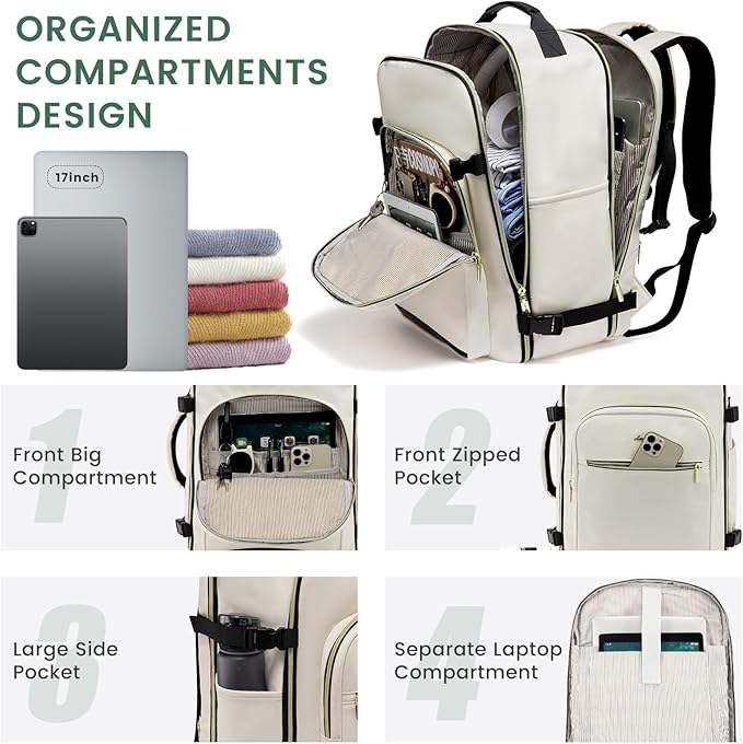 LOVEVOOK 40L Large Travel Backpack for Women Men, 17 Inch Carry on Backpack for Traveling on Airplane, Personal Item Travel Bag Airline Approved, Business Causal Weekender Backpack, Beige-Black