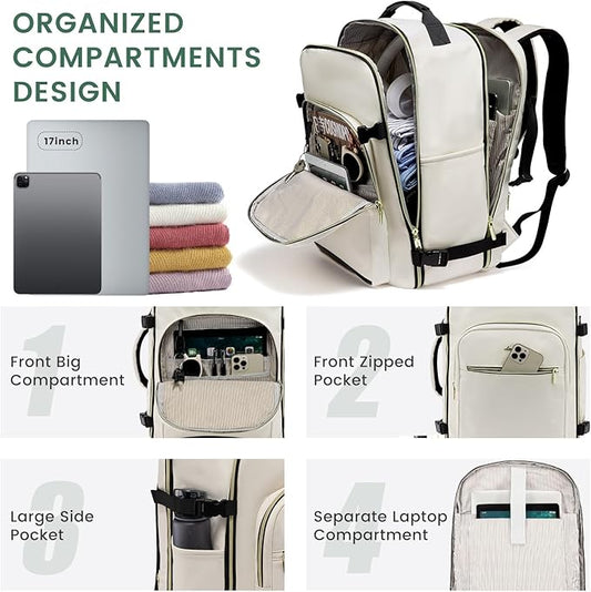 LOVEVOOK 40L Large Travel Backpack for Women Men, 17 Inch Carry on Backpack for Traveling on Airplane, Personal Item Travel Bag Airline Approved, Business Causal Weekender Backpack, Beige-Black