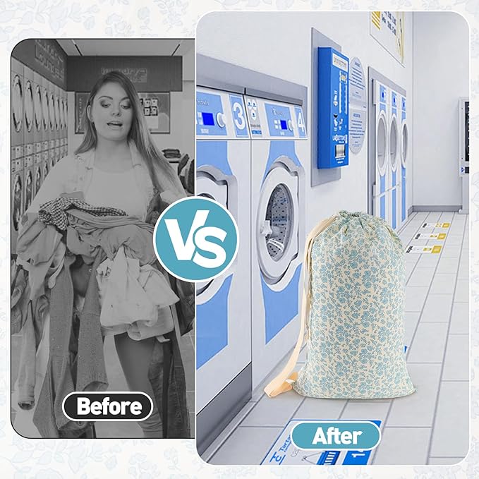 College Laundry Bag, Dirty Clothes Laundry Bag With Drawstring Handles For College Dorm Laundromat Apartment Travel Camp 29" X 18" Women Girls Back To School Birthdays Gift, Blue Florals