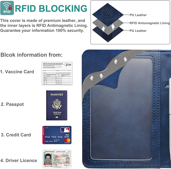 RSAquar Passport Holder for Women and Men, Premium PU Leather Travel Passport Wallet RFID Blocking Passport Cover Travel Documents Organizer with Pen Holder, Blue#2