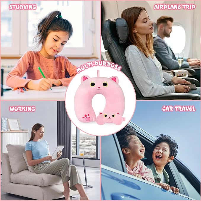 Kids Neck Pillow for Travel, Cute Cat Neck Pillow with Eye Mask for Sleeping Journey, Soft U-Shaped Travel Pillow for Airplane Car (Pink)