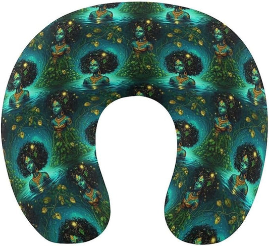 Fashion Travel Pillow Memory Foam Chin Head Support African American Black Woman Girl Art Green, Breathable Washable Cover for Women Men Airplane Car Decor