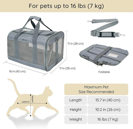 BELLA & PAL Cat Carrier Travel Bag, Airline Approved Lightweight Cat Carrier, Soft Sided Pet Carrier for Puppy Dogs Up to 18lbs, Collapsible Kitten Bag with Removable Waterproof Mat, Ventilated Mesh