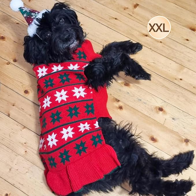 KYEESE Dog Christmas Sweater Turtleneck Dog Sweater for Medium Dogs Warm Dogs Clothes Pet Coats with Leash Hole Knit Pullover Pet Sweater Dress with Snow Flake, Girl Red, XX-Large