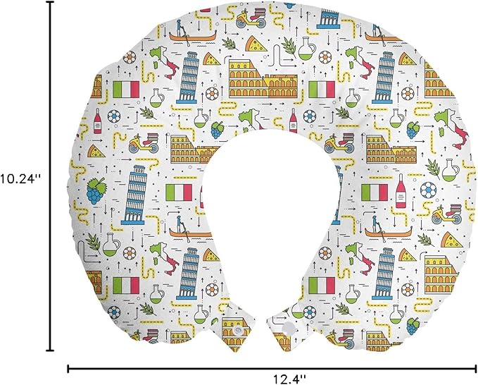 Ambesonne Italy Travel Pillow Neck Rest, Italian Symbols Historical Places Famous Foods and Tricolor Flag Art Print, Memory Foam Traveling Accessory for Airplane and Car, 12", White Blue